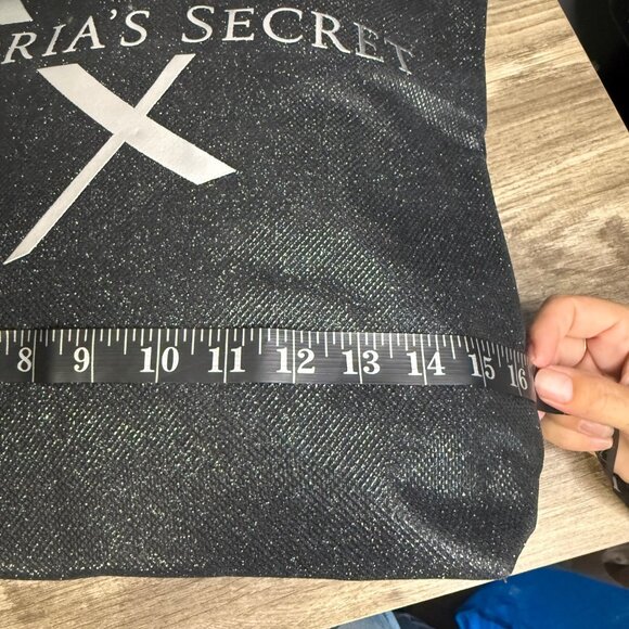 Victorias Secret Black Glitter Canvas Tote Bag With Logo & Striped Handles - Picture 7 of 9